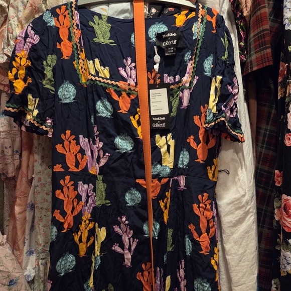 Navy And Orange Catus Print Dress Modcloth X Collectif Us 14 - Picture 4 of 9